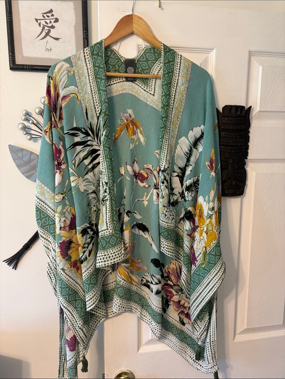 Vince Camuto Teal Floral Kimono Wrap with Yellow & Purple Accents